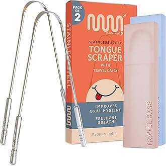 MasterMedi Tongue Scraper for Adults with Travel Cases (2 Pack), 100% Stainless Steel, Reduce Bad Breath, Tongue Scrubber, Easy to Use, Tongue Cleaner for Oral Care & Hygiene
