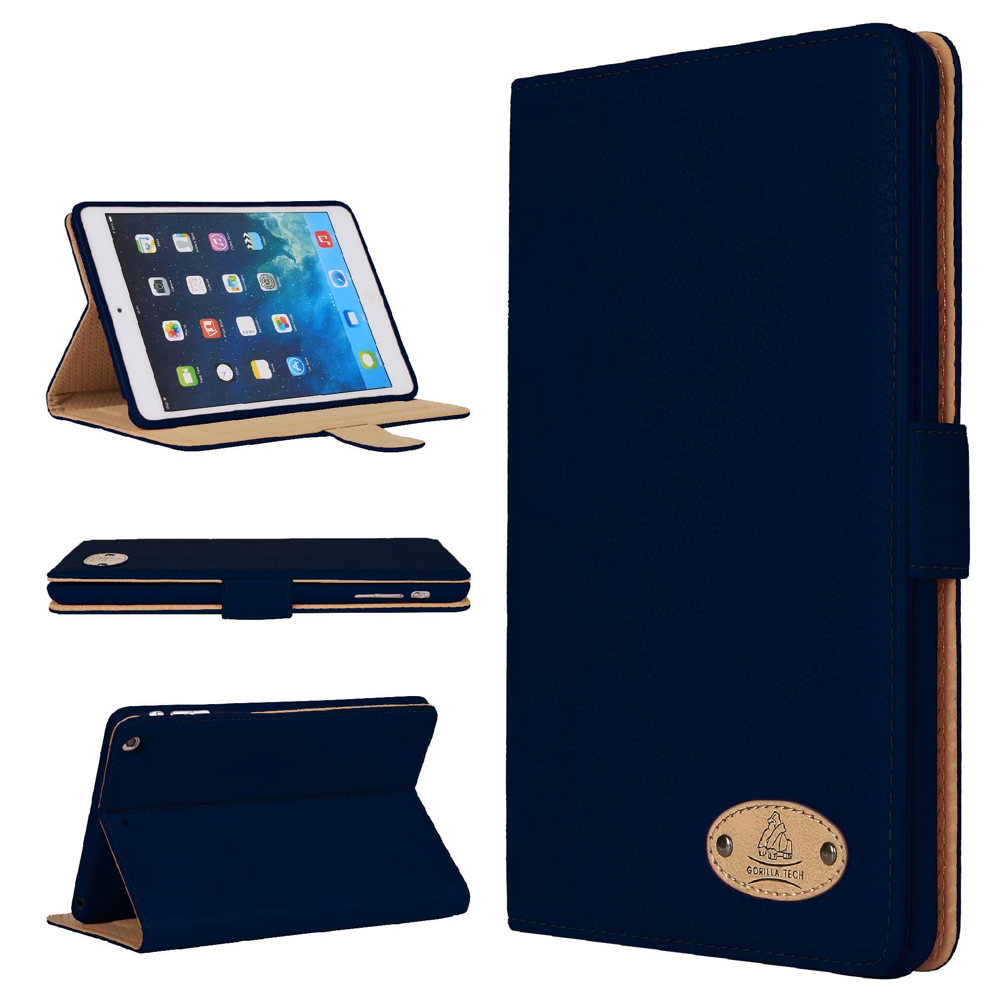 Apple iPad All Models/Genuine Luxury Executive Leather Case Gorilla Tech Brand Smart Protective Designer Cover with Stand in Retail Packing (Navy, iPad Air 2)