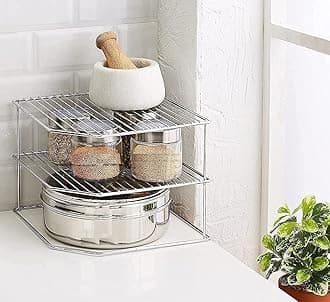 Stainless Steel 3-Tier Corner Rack for Kitchen - Shelf Dish Floor Standing or Tabletop Storage Organizer With Chrome Finish (25x25x30 cm)