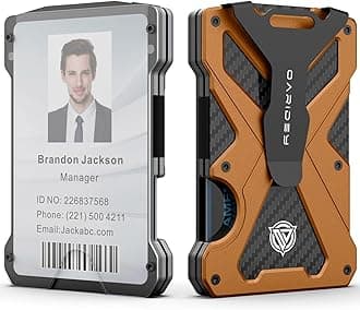 Minimalist Wallet for Men - Slim Aluminum Metal Money Clip Wallet, Clear ID Card Holder, Carbon Fiber Wallet, RFID Blocking 15 Cards with Cash Clip, Ultra Thin Tactical Wallet , orange, minimalist