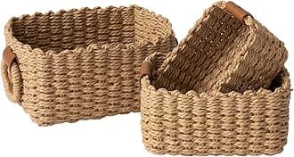 LA JOLIE MUSE Small Wicker Baskets for Organizing, Bathroom Basket with Handle, Recycled Paper Rope Storage Basket for Shelves Bathroom Cupboards Drawer, Decorative Square Basket Organizer Set of 3