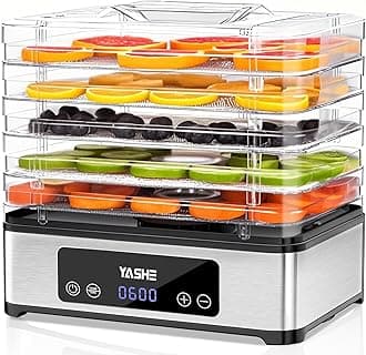 YASHE Food Dehydrator Machine, 5 Stainless Steel Trays Food Dryer, 48H Timer and Temperature Control, Recipes Book Included, 420W Dehydrators for Food and Jerky, Herbs, Meat, Fruit, Dog Treats