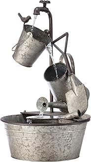 Alpine Corporation YHL106 Outdoor Floor 3-Tiered Metal Garden Tools Water Fountain, Tools and Faucet Waterfall, 28", Gray