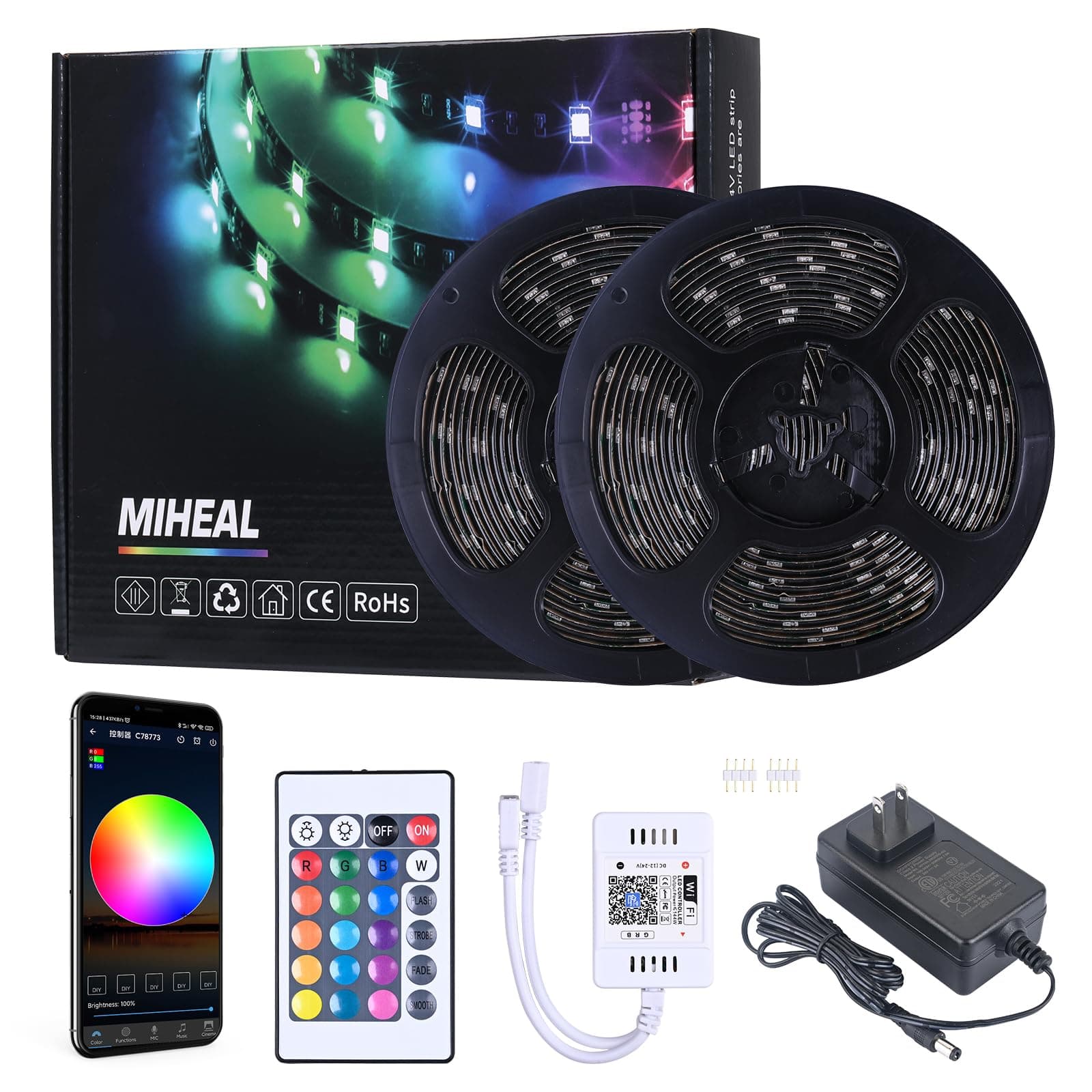 WiFi Wireless Smart Phone Controlled Led Strip Light Kit with DC12V UL Listed Power Supply Waterproof SMD 5050 32.8Ft(10M) 300leds RGB Music LED Light Strip Compatible with Android, iOS Alexa