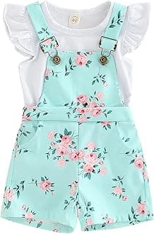 Toddler Baby Girl Summer Overall Outfit Ruffle Sleeve Tops T-Shirt + Floral Suspender Shorts Pockets Clothes Set (Floral Green, 18-24 Months)