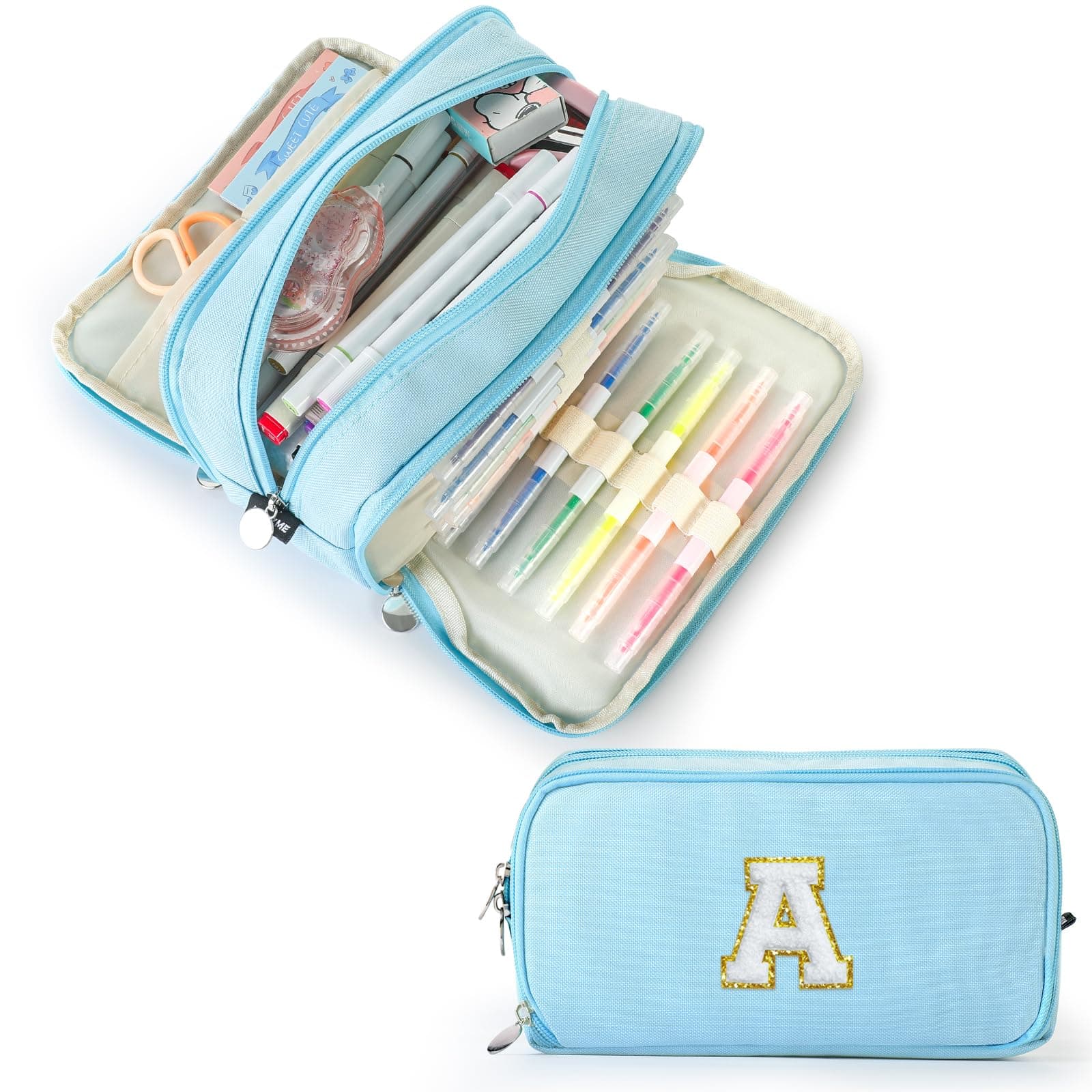 Extra Large Capacity Pencil Case 3 Compartment Initial Pencil Pouch Personalized Cute Aesthetic Stationery Pen Case Bag for School Teen Girl Boy Men Women Gift (A, Blue)