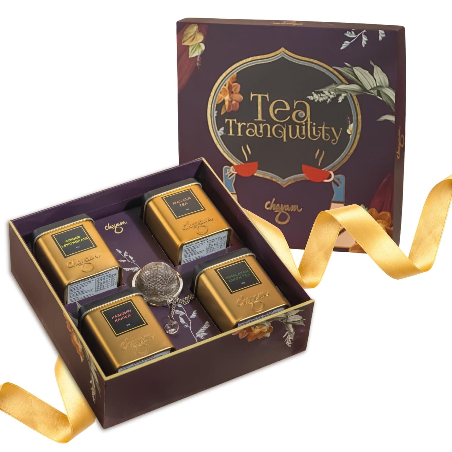 CHAYAM Tea Tranquility Gift Set | 4 Loose Leaf Blends & Stainless Steel Infuser, 250g | Kashmiri Kahwa, Masala Chai, Himalayan Green, Ginger Lemongrass | Wellness Tea Gift Box for All Occasions, Corporate Gifting & for Foreigners