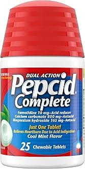 Complete Acid Reducer + Antacid for Acid Reflux, 10mg Famotidine, 800mg Calcium Carbonate & 165mg Magnesium Hydroxide per Heartburn Medicine Tablet, Antacid Chews, Mint, 25 ct