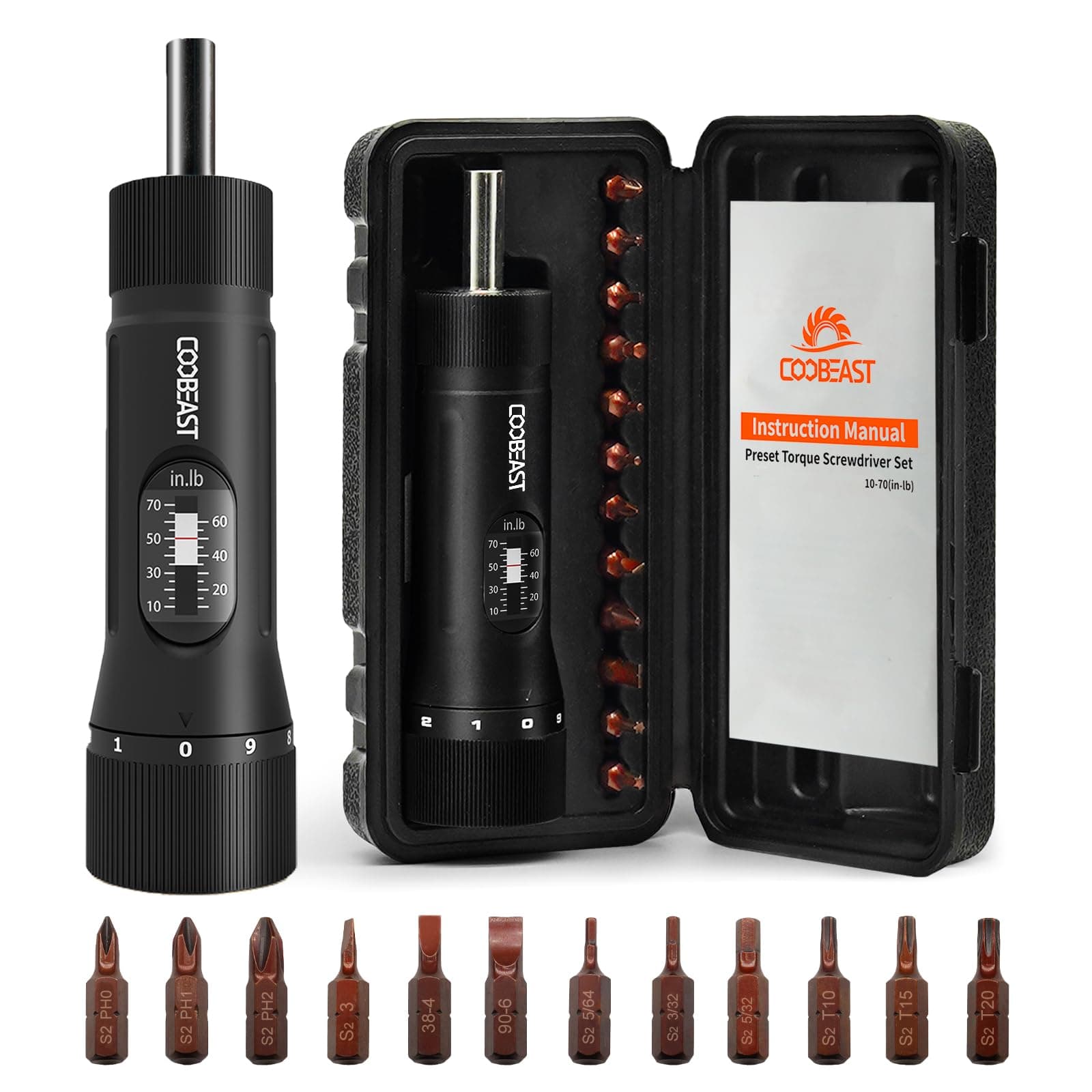 13Pcs Preset Torque Screwdriver with S2 Bits, 1/4” Drive Torque Wrench Screwdriver Set for Maintenance, Tools, Bike Repairing and Mounting, Inch Pound Torque Range 10-70 In-lb