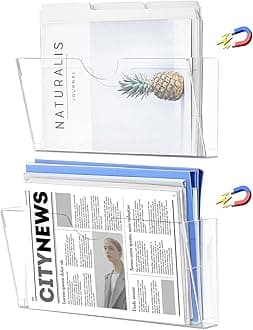 Qozary Clear Acrylic Magnetic File Holder - 2 Pack Magazine Rack for File Cabinets, Magnetic Mail Holder, File Organizer for Refrigerator, White Board, Office