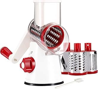 Cambom Rotary Cheese Grater Hand Crank Cheese Shredder for Fresh Cheese, Vegetable, Nuts,Non-slip Suction Base, Free Cleaning Brush Three Blades,Red White