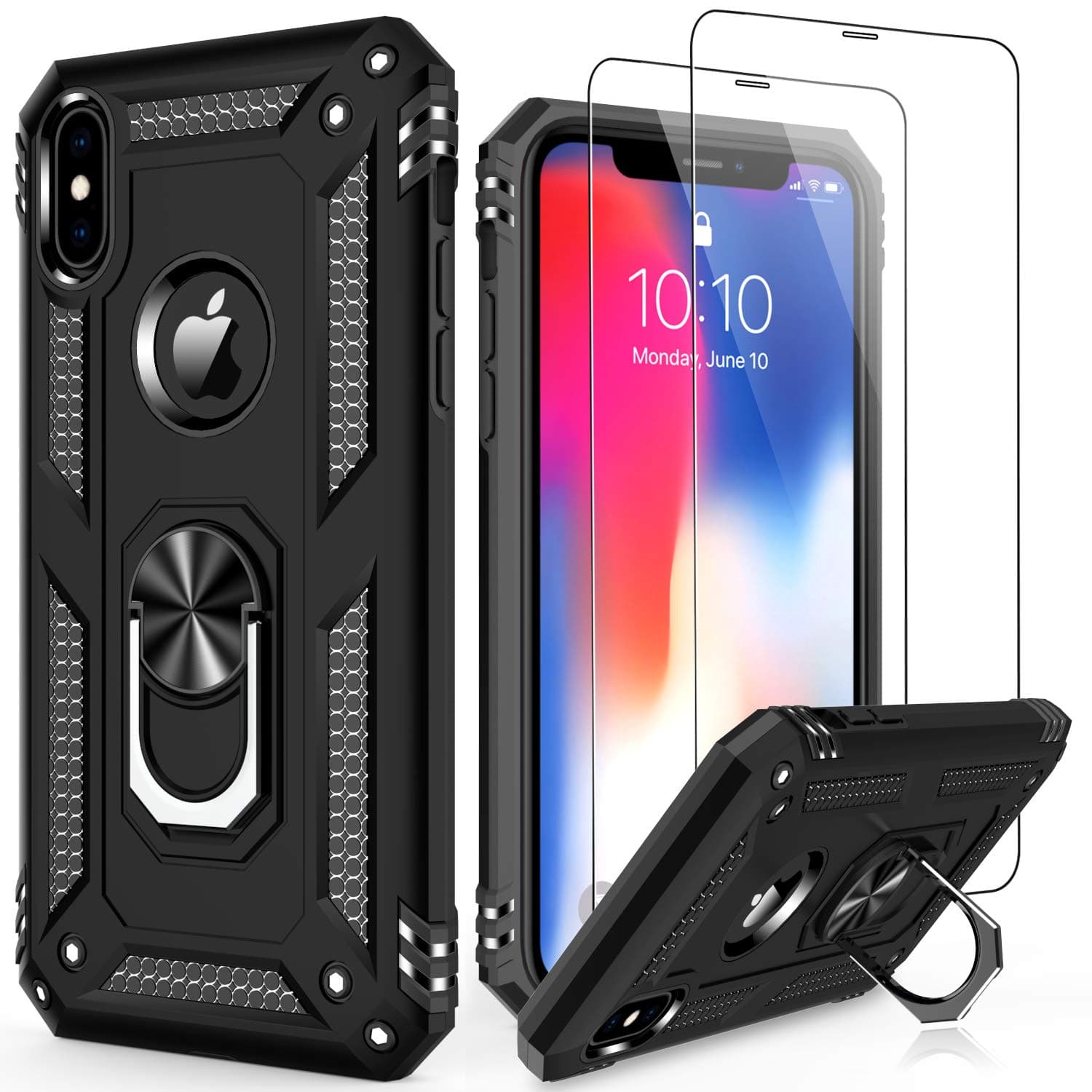 LUMARKE iPhone Xs Max Case with Glass Sreen Protector,Pass 16ft Drop Test Military Grade Cover with Magnetic Kickstand Car Mount Holder,Protective Phone Case for iPhone Xs Max Black