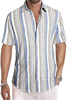 JMIERRMen's Casual Stylish Short Sleeve Button-Up Striped Dress Shirts Cotton Beach Shirt