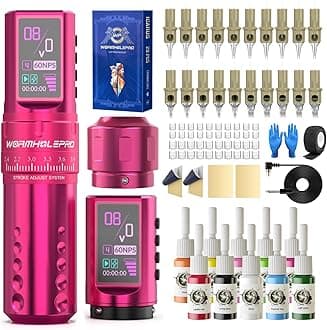 WORMHOLE PRO 80PCS Tattoo Gun Kit with 7 Adjustable Strokes, 1,800 mAh Capacity Replacement Power Supply, Digital LED Display, 20Pcs Tattoo Needles for Artists VIRGO - Pink