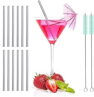 12 Pack + Cleaning Brush, 5-inch Extra Short Reusable Stainless Steel Drink Straws for Cocktails, Small Glasses or Cups (Silver)
