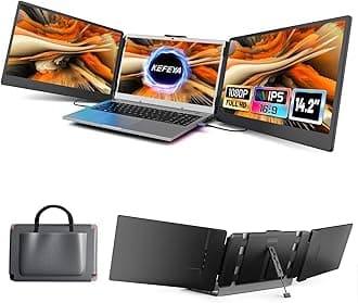 KEFEYA Laptop Screen Extender, 14.2" Portable Triple Monitor for Laptop with Full HD IPS Display, Laptop Extended Monitor Compatible with Mac, Windows, Chrome, Fits 13-17 Inch Laptops