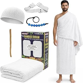 Modefa Islamic Men's Ihram for Umrah Men - Hajj Umrah Essentials - Ehram Ahram for Hajj 2 Piece Set - Seamless Viscose Made from Bamboo + Cotton Ihram Towel Set 110 x 220cm (Combo: 5 Piece)