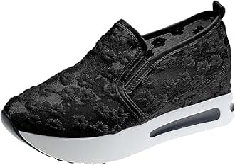 Hbeylia Platform Wedge Fashion Sneakers for Women Embroidery Floral Mesh Air Lace Chunky Sole Hidden High Heels Slip On Loafers Walking Work Shoes Arch Support Low Top Play Sneakers Loafers