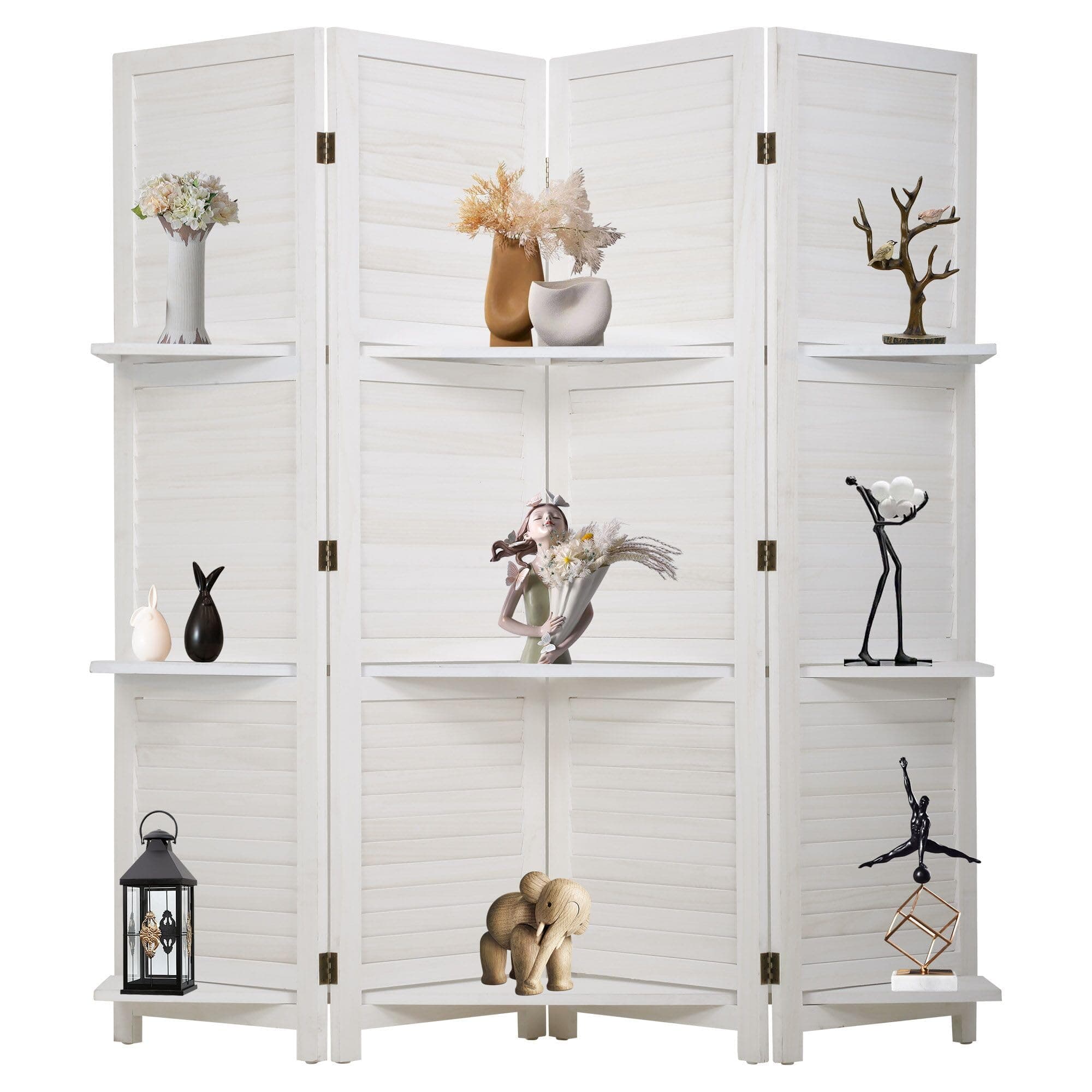 FDW 4 Panel Room Divider Folding Privacy Wooden Screen with Three Clever Shelf Portable Partition Wood Divider for Home Office, White