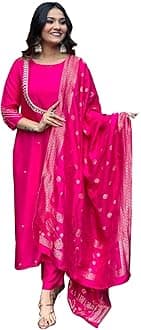 GoSriKi Women's Silk Blend Straight Embroidered Kurta with Pant & Dupatta