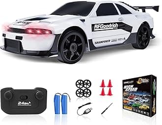 RC Drift Car, 1/24 2.4GHz Remote Control Car 4WD High Speed Drifting RC Cars with LED Light, Two Rechargeable Batteries and Drift Tires for Kids Boys Girls and Adults, White