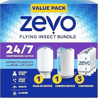 Zevo MAX Bug Catcher & Fly Trap for Indoors - Flying Insect Trap for Gnats, House & Fruit Flies - Use in Any Room - No-Mess Disposal (2 Plug in Bases & 3 Cartridges)