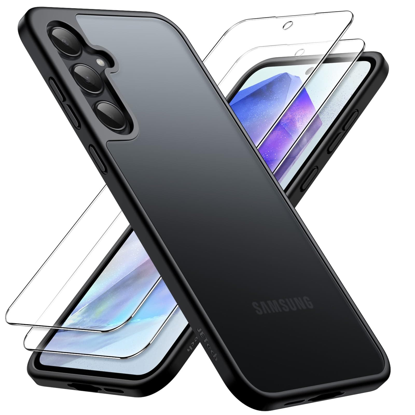 3 in 1 Matte Case for Samsung Galaxy A55 5G with 2-Pack Tempered Glass Screen Protector, Translucent Frosted Shockproof Phone Cover with Camera Protection (Black)