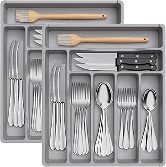 Lifewit 2 Pack Cutlery Drawer Organiser, Plastic Cutlery Tray for Kitchen Drawer, Utensil Flatware Silverware Holder Divider for Spoons Forks Knives Tableware, 7 Compartment,Grey