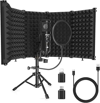 Studio Recording Microphone with Isolation Shield, Pop Filter and Metal Tripod Stand, Mic for PC, Laptop, Smartphone, Music, Singing, Podcast