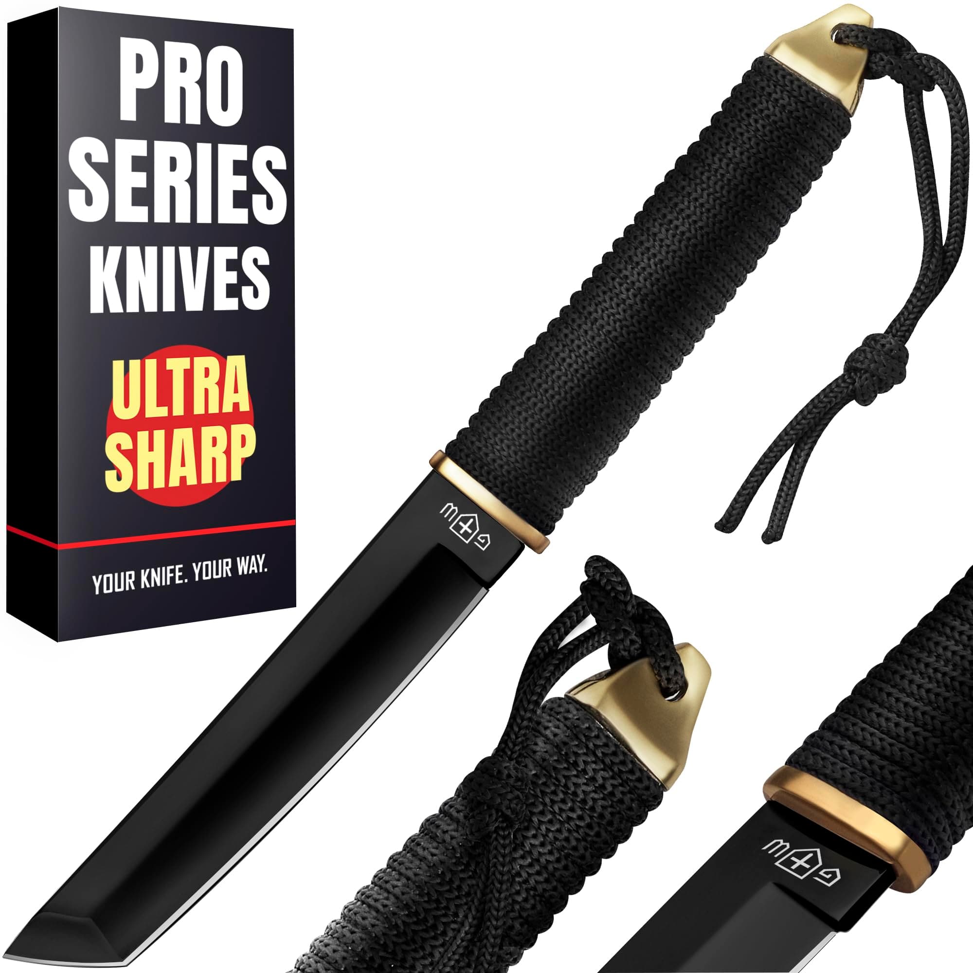 Tanto Knife with Sheath - 3+ Colors - 5.9" Fixed Full Tang Mirror Polished Blade - Cool Tactical Knives with Black Paracord Handle - for Hunting Camping Military Survival Hiking Work 2307 Black