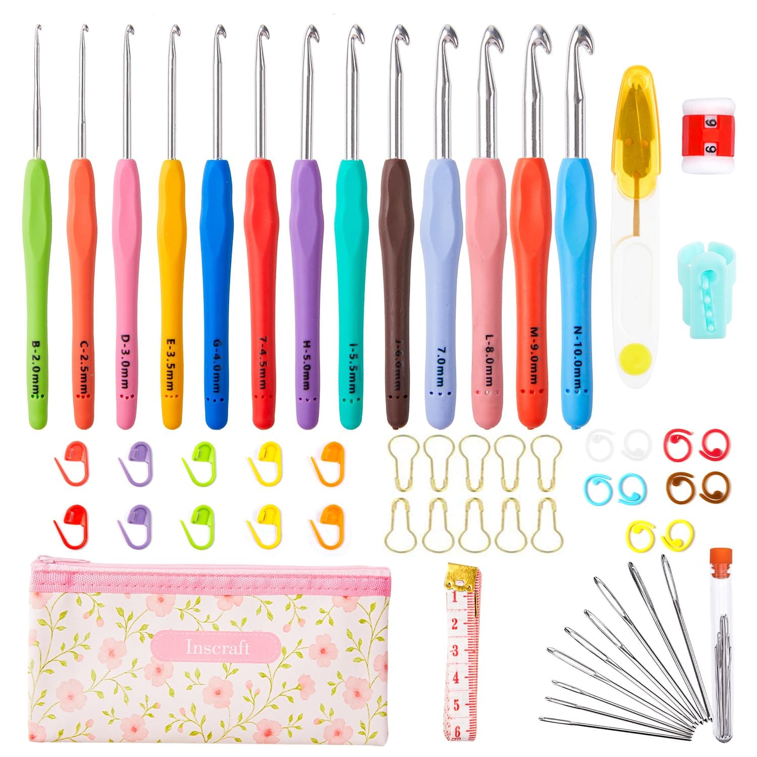 INSCRAFT 67 Pack Crochet Hooks Set, 13 PCS 2mm(B)-10mm(N) Ergonomic Soft Grip Crochet Handles Yarn Knitting Needles Kit with Case for Arthritic Hand, Crochet Starter Kit for Beginners and Lovers