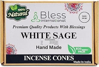 Bless International White Sage 100%-Natural-Incense-Cones Handmade-Hand-Dipped Organic-Chemicals-Free for-Purification-Relaxation-Positivity-Yoga-Meditation The-Best-scents (60 Count )