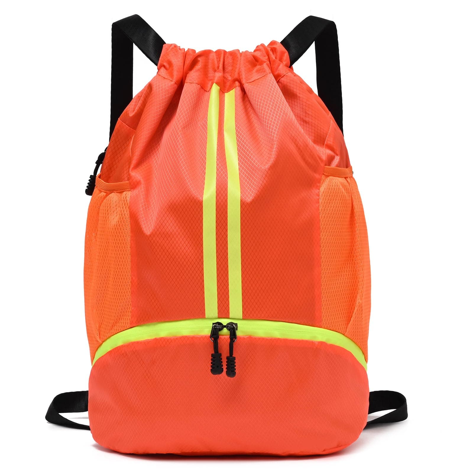 Drawstring Gym Bag for Men, Waterproof Drawstring Backpack for Women, Swim with Shoes Compartment, Pull String Sport Bag for Soccer and Basketball. (Orange)