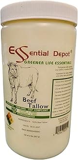 Essential Depot Beef Tallow - 1 Quart (32 oz nt wt) - Grass Fed - Non-GMO - Keto Friendly - Food Grade - FREE from LACTOSE-GLUTEN-GLUTAMATE-BSE - Safety Sealed HDPE Container with Resealable Cap