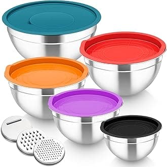 HomikitMixing Bowls Set of 5, Stainless Steel Salad Bowls with Airtight Lids & 3 Grates, Metal Nesting Bowls for Mixing/Baking/Serving/Storing, Easy Clean - 0.7/1/1.5/2.6/4.6L (Multi-Color)