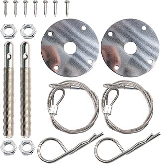 2 PCS Car Metal Engine Hood Pin Lock Kit, 4.1" Threaded Pin + 2.5" Washer + 24" Lanyard + Hook + Nut + Small Screw, Car Body Fixed Shock Absorption Accessories, for Most Cars (Silver)