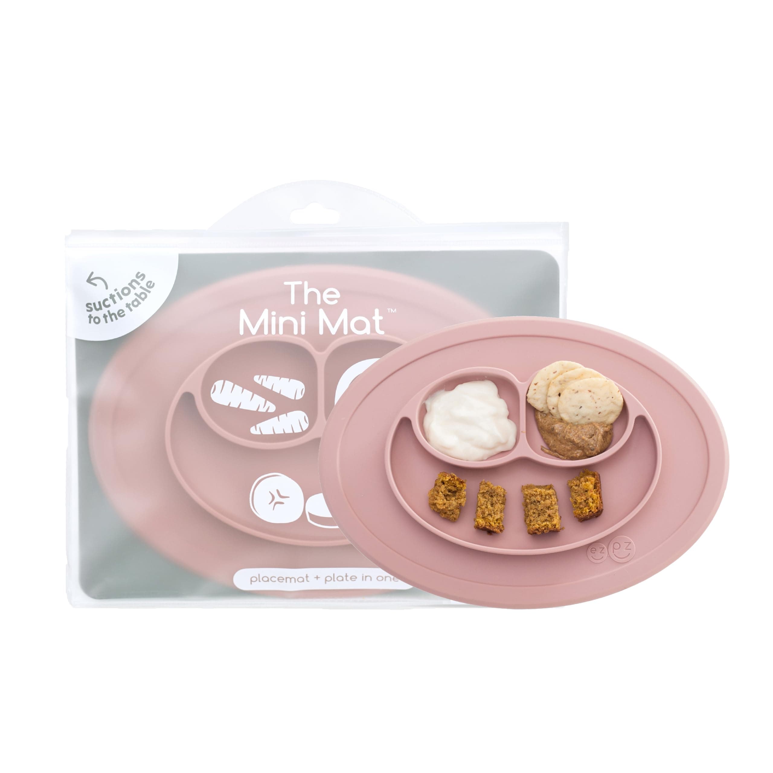 ezpz Mini Mat (Blush) - 6 -12 Months+ - 100% Silicone Suction Placemat + Divided Plate with Three Compartments - Supports Baby-Led Weaning - Designed for Highchair, Table, and Travel
