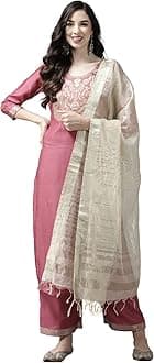 INDO ERAWomen Straight Cotton Blend Yoke Design Kurta Palace With Dupatta Set (23PRN5089), Pink, S, pink, S
