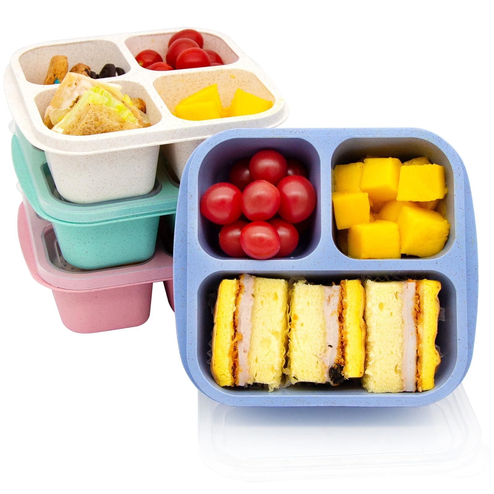 4 pack Bento Lunch Box, Snack Containersļ¼Meal Prep Containers Kids/Toddle/Adults,Food Storage Containers for School, Work and Travel (4 and 3 Compartment Multicolor)