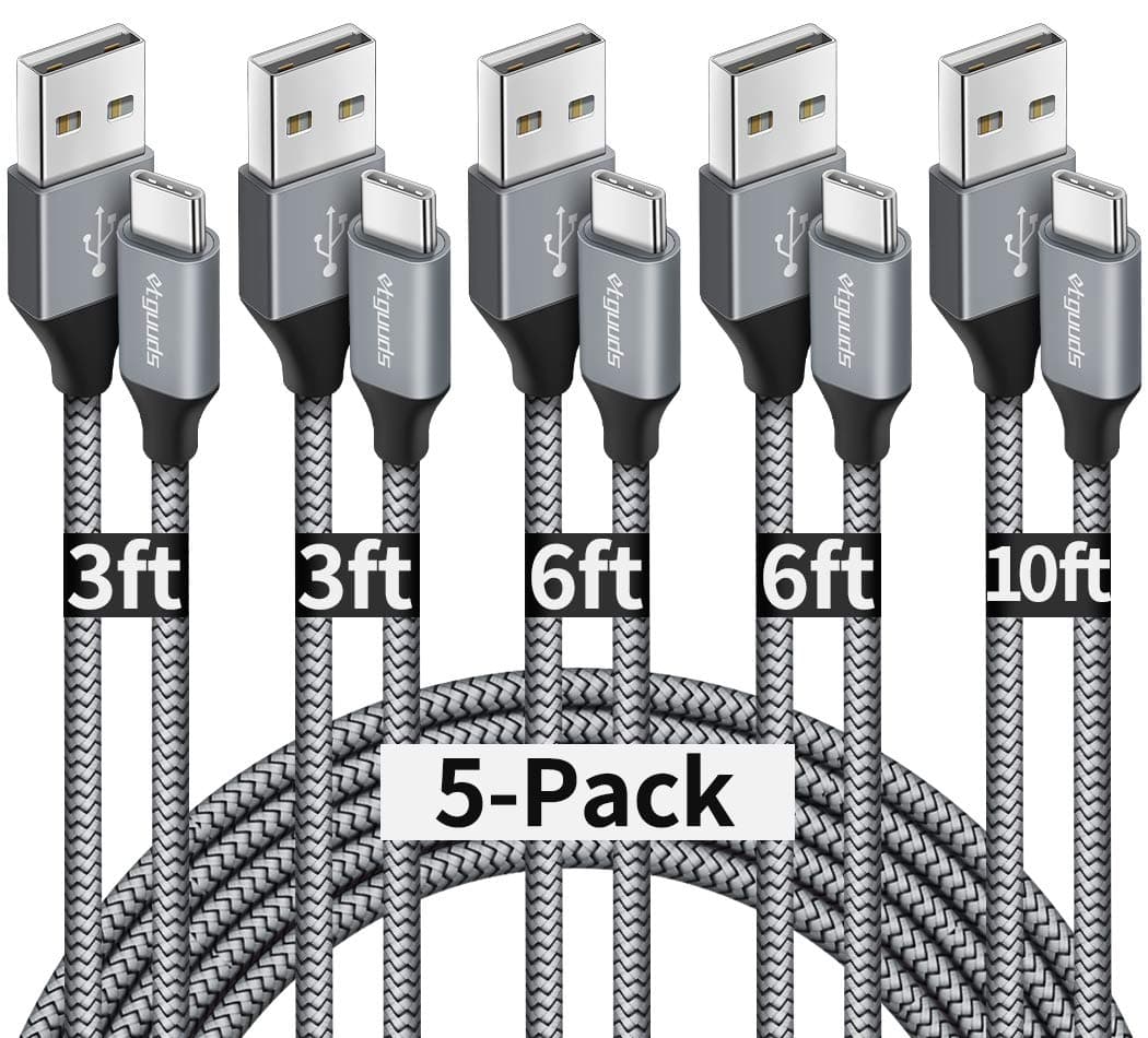 - etguuds USB A to USB C Cable 5-Pack (3/3/6/6/10 ft), Fast Charging Type C Charger Cord for iPhone 17 16 15 Pro Max Plus Air, Samsung Galaxy S25 S24 S23 S22 S21 S20 A56 A17 A16, Pixel, Moto G, Gray