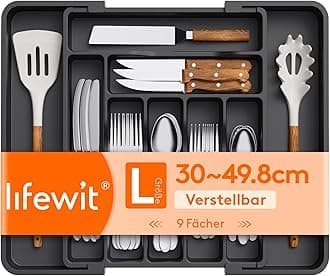 Lifewit Utensil Organizer for Kitchen Drawer, Expandable Cooking Silverware Tray, Adjustable Cutlery Flatware Holder, Plastic Spatula Tools Storage Divider, 11.8-19.6 x 15", Black
