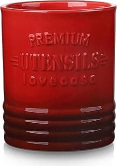 LOVECASAVintage Utensil Holder for Kitchen Countertop, 7.2” Large Ceramic Utensil Crock for Home Décor, Farmhouse Utensil Vase for Housewarming, Wedding, Birthday Gift - Gradient Red