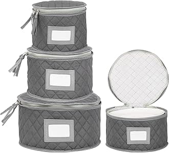 Stack Store Plus More Fine China Storage - Set of 4 Quilted Cases for Dinnerware Storage. Sizes: 12" - 10" - 8.5" and 7" Long - Gray - Quilted Fabric Container with 48 Felt Plate Separators Included