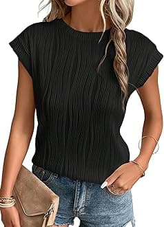 Womens Short Sleeve Textured Tops Crewneck Knit Solid Loose Casual Basic T Shirts Tee Blouses