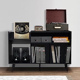 QHITTY Record Player Stand, Mid-Century Modern Vinyl Record Storage Cabinet Table with Wood Legs, Turntable Stand Record Holder Holds Up to 300 Albums for Living Room, Bedroom (Black)