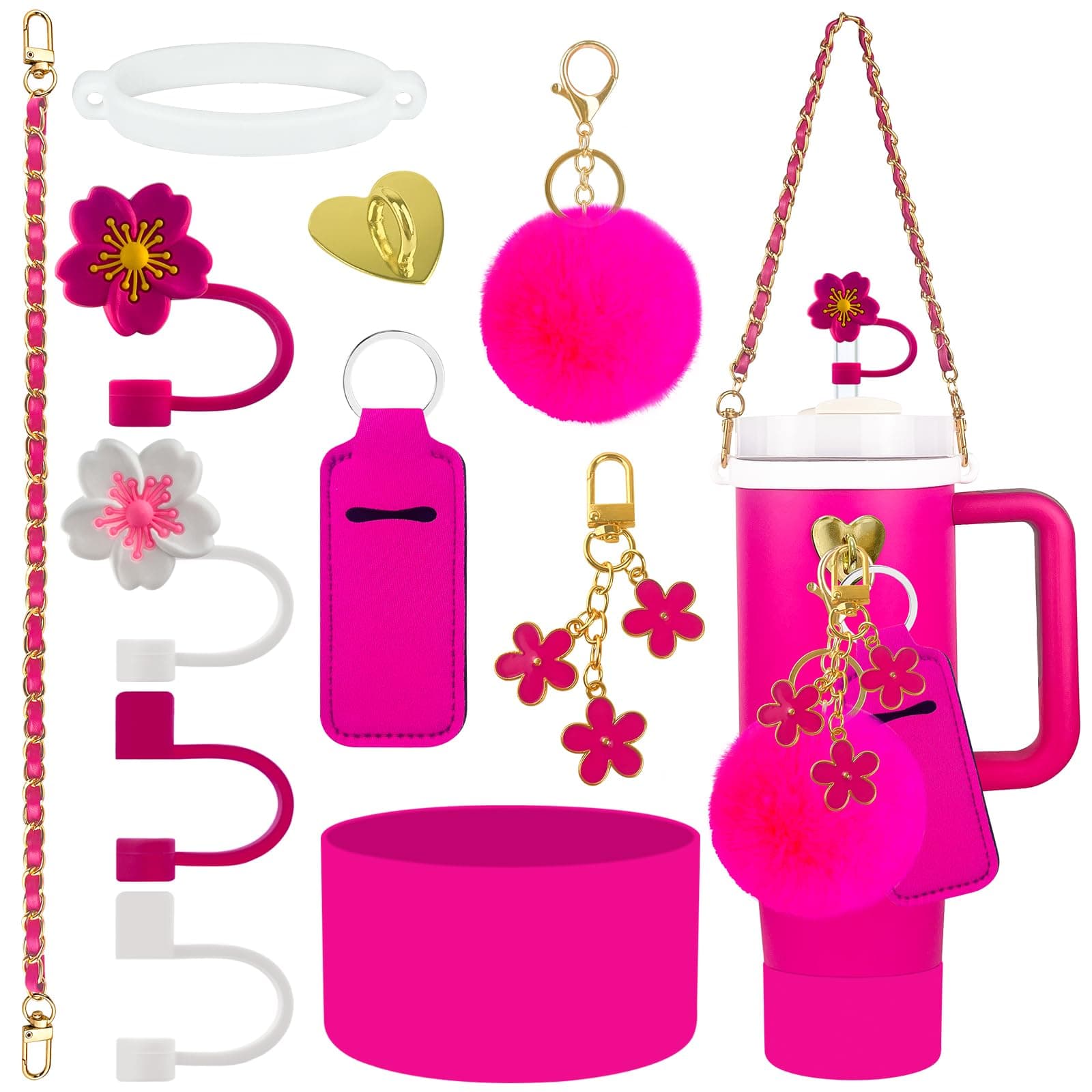 Velaco 11 PCS Accessories for Stanley Cup, Water Bottle Handle Strap for Stanley 30/40 oz tumbler with handle, including Straw Toppers, Silicone Cup Boot, Keychain Charms - ROSE