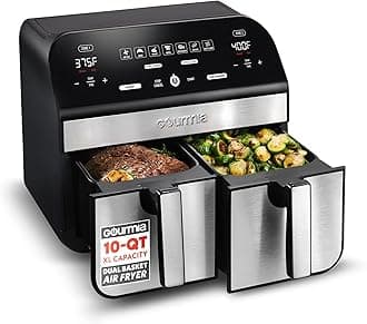 Dual Basket Air Fryer - 10 Qt Large Capacity, FryForce360º, Digital Display with 7 Presets, Roast, Bake, Broil, Dehydrate, Match Cook, Sync Finish, Dishwasher Safe Accessories, Black