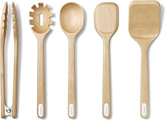 Wooden Utensil Set - 5 Piece Cooking Utensil Set - Spoon, Server, Scraper, Spatula, & Tongs - Made From FSC-Certified Birch Wood - No Microplastics