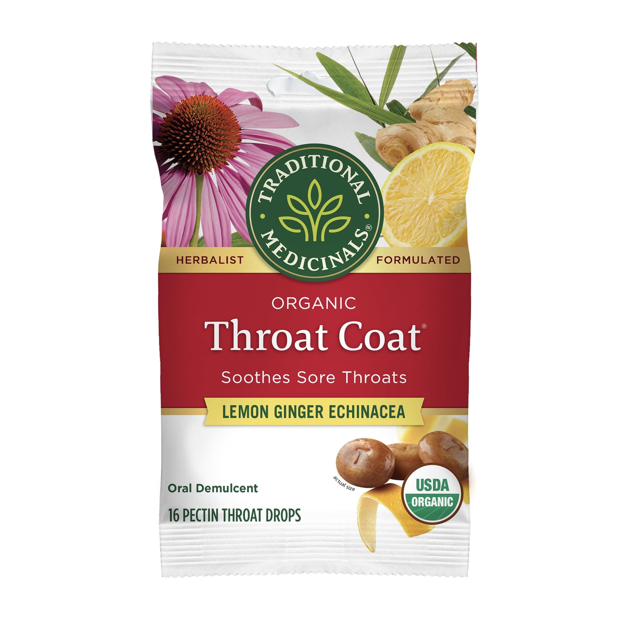 Traditional Medicinals Organic, Throat Coat Lozenges, Lemon Ginger Echinacea - Herbal Cough Drops, Helps Soothe Sore Throat - Non-GMO, Stimulant-Free - 16 Count