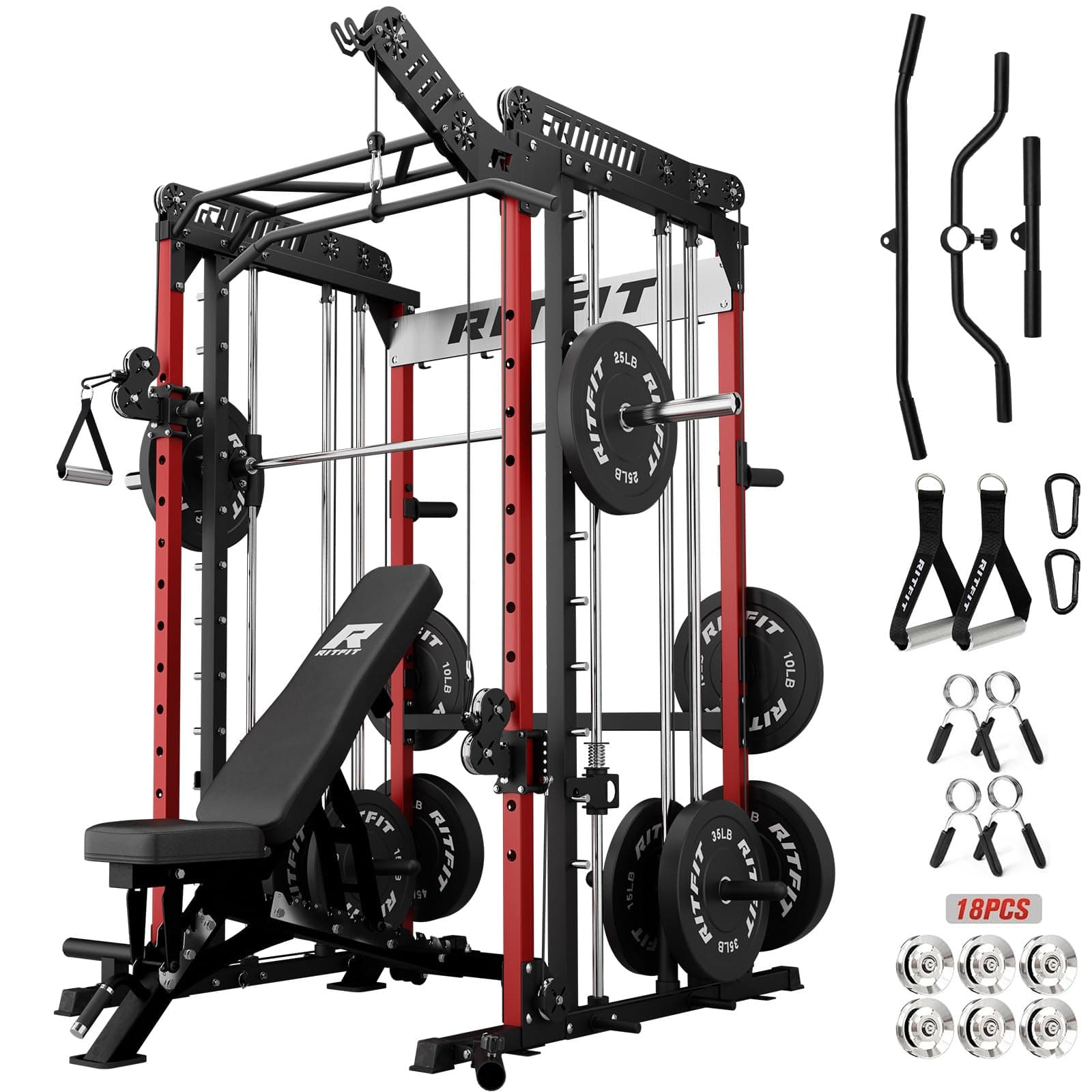 RitFit M1 Pro Smith Machine with Cable Crossover System, Multi-Function Squat Rack Power Cage for Home Gym, Power Rack and Packages